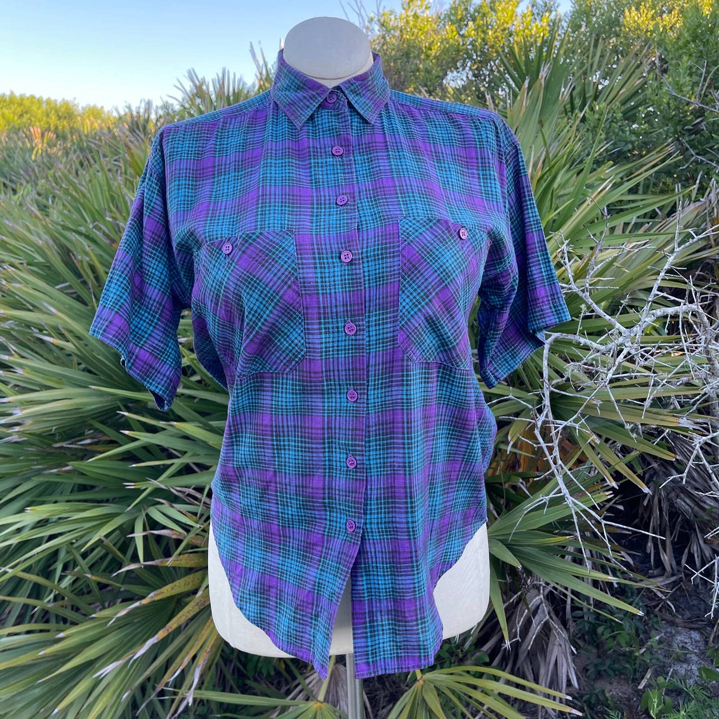 Vintage 90s Plaid Cotton Shirt Blue Purple Button Up Short Sleeve Soobee Size M