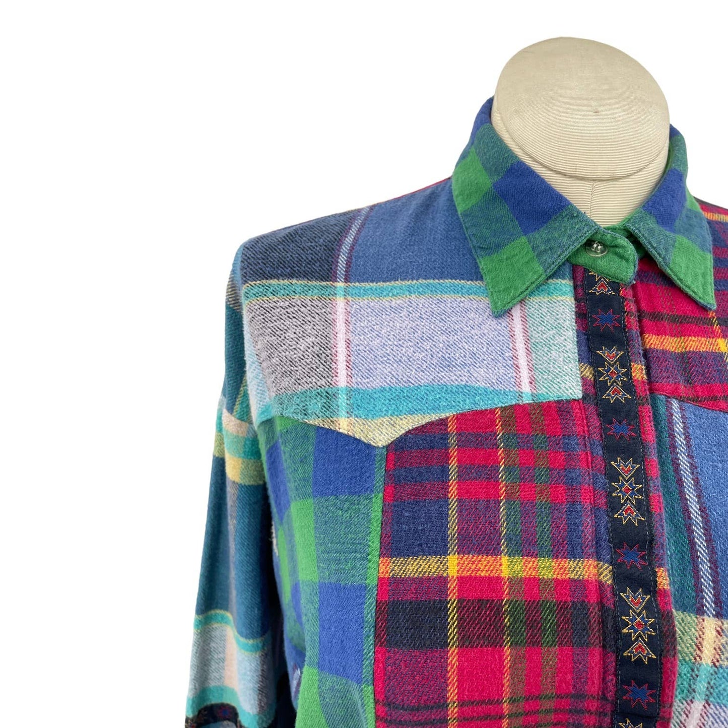 Vintage 90s Colorblock Plaid Flannel Button Up Shirt Long Sleeve Trim Gitano L