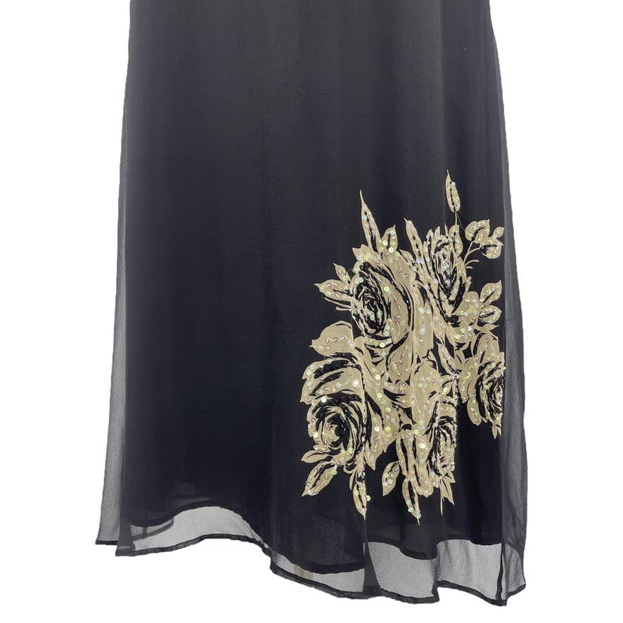 Vintage 90s Black Silk Sleeveless Maxi Dress Roses at Hem Robbie Bee Size 12