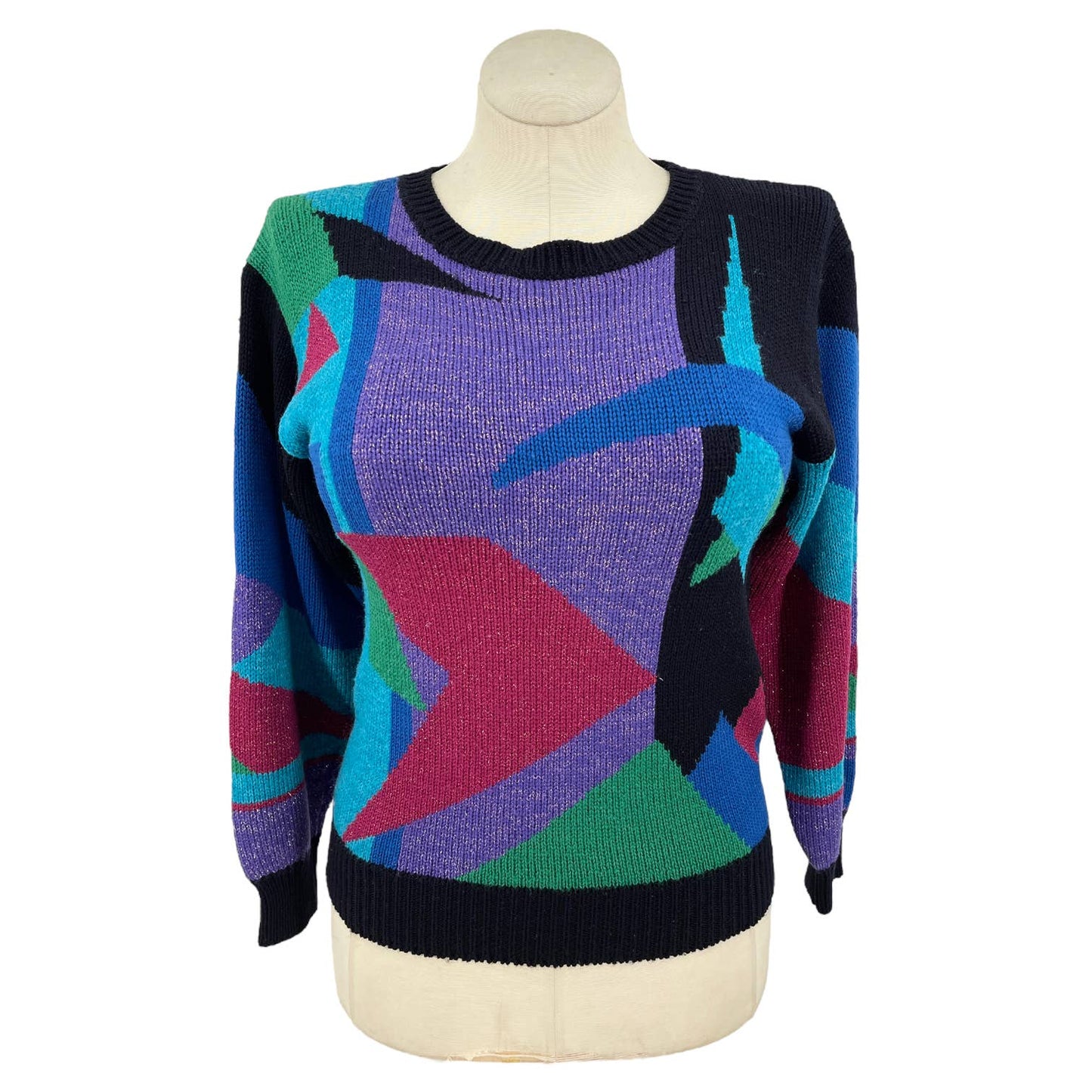 Vintage 80s Black Geometric Sweater Bright Metallic Shapes Pullover Koret Size M L