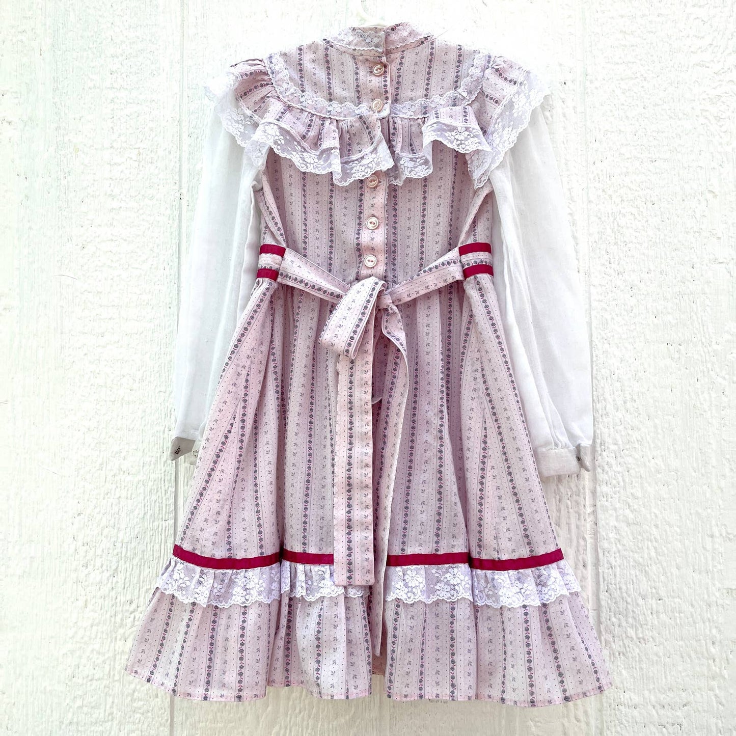 Vintage 70s Pink Cotton Prairie Style Midi Dress Long Sleeves Girls Size 6 7