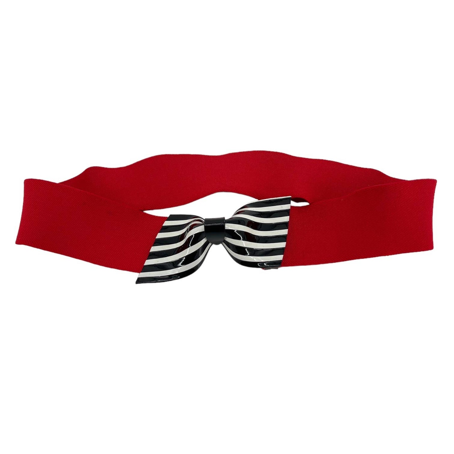 Vintage 80s Red Elastic Belt with Black and White Stripe Bow Molded Plastic M L