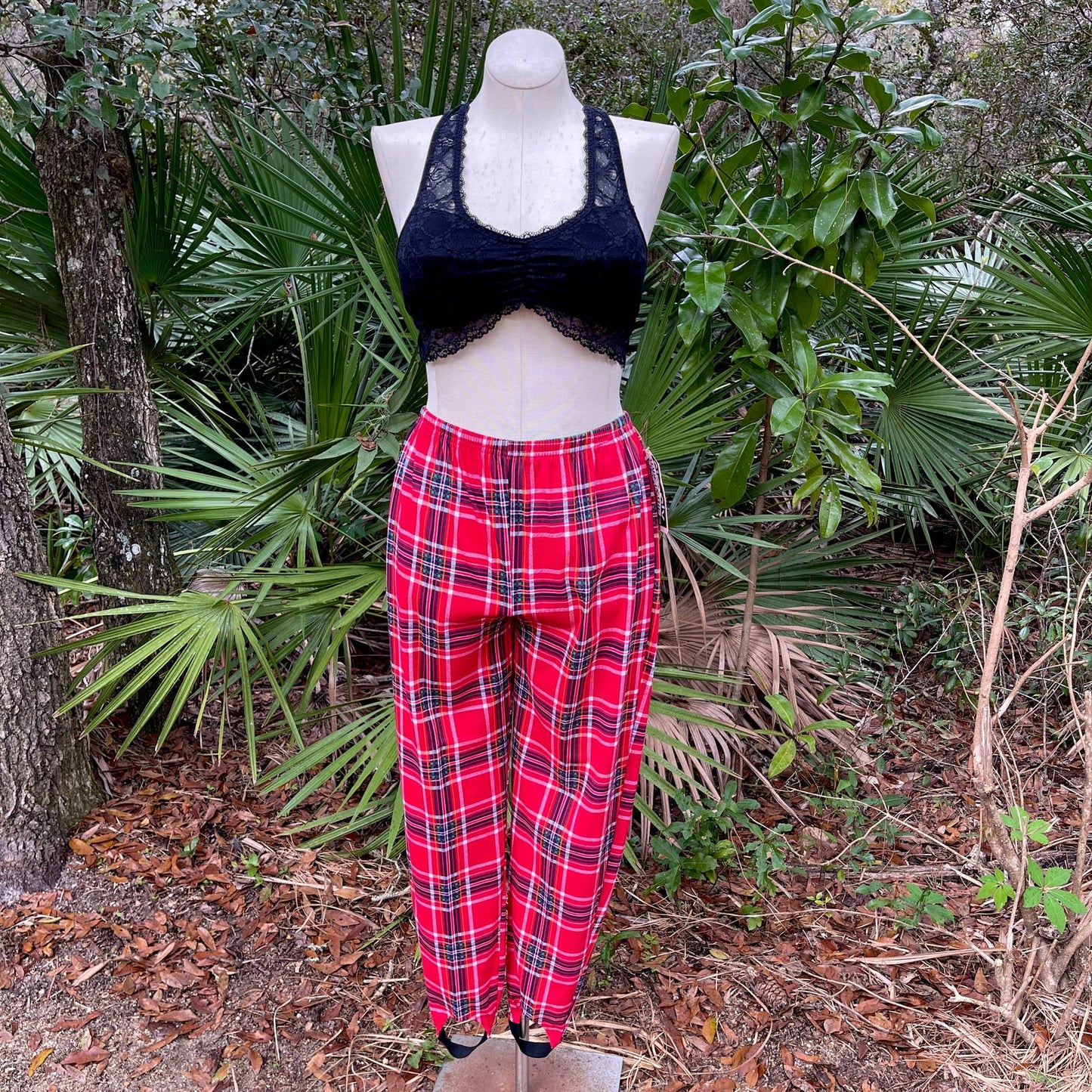 Vintage 80s Red Plaid Stirrup Pants Pull On Dead Stock Simply Basic Size L