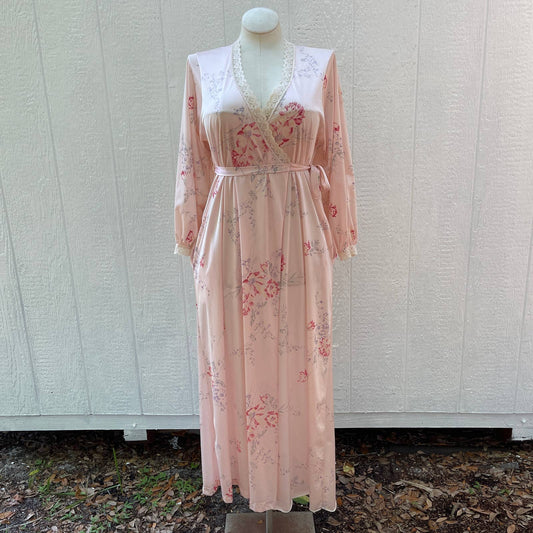 Vintage 70s Peachy Floral Robe Bishop Sleeve Union Made Miss Elaine Size S M