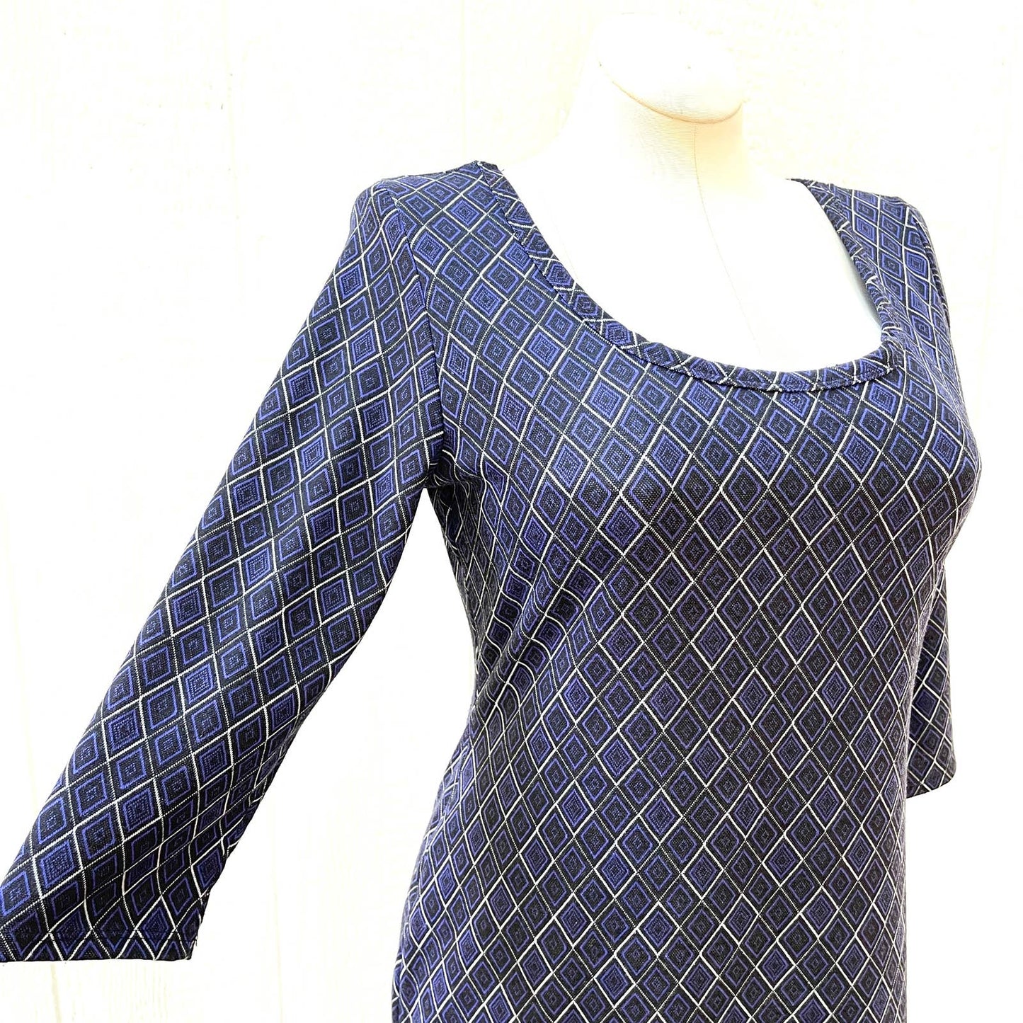 Vintage 90s Blue Geometric Knit Dress Long Sleeve Diamond Knee Robbie Bee Sz XL