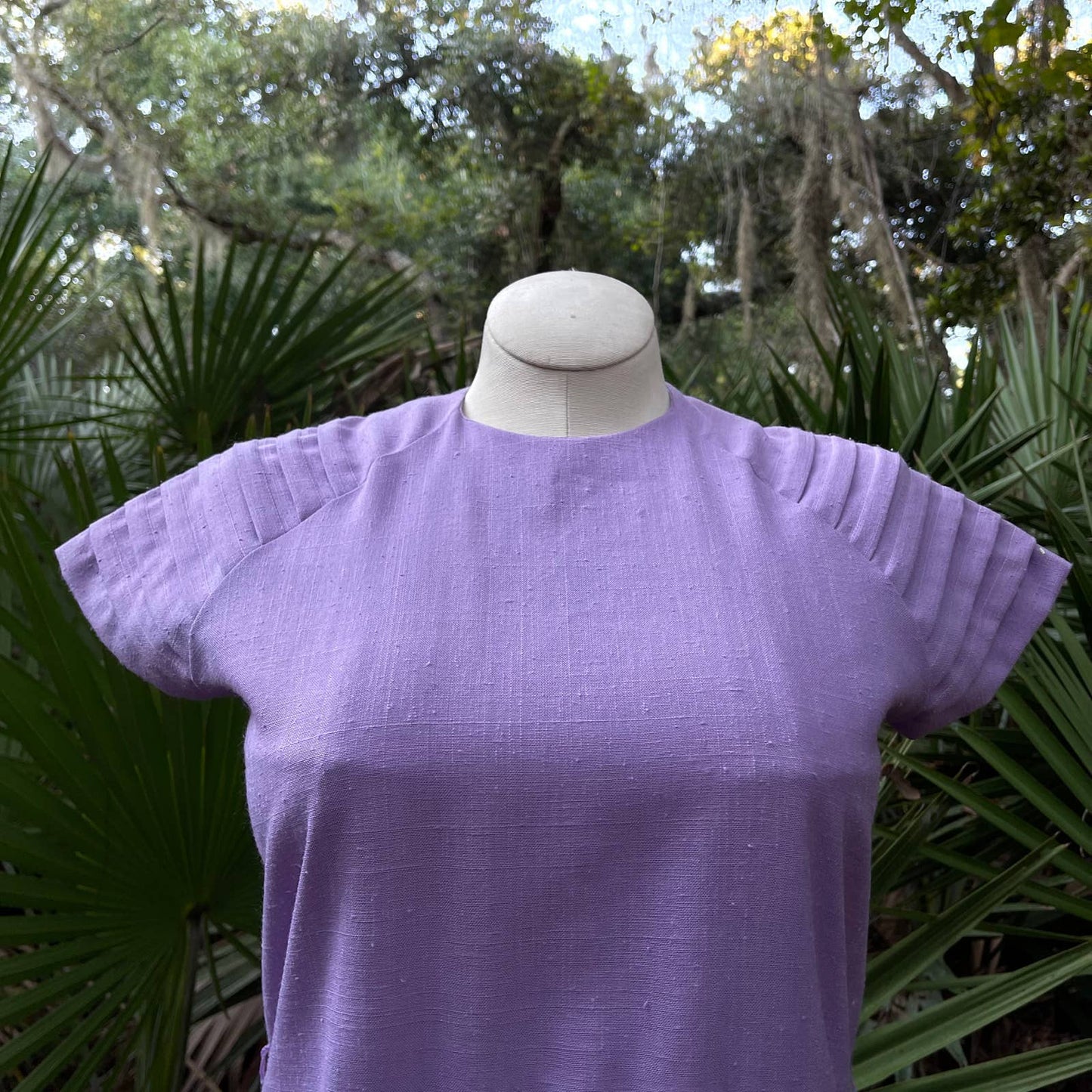 Vintage 80s Linen Sheath Midi Dress Purple Cotton Short Sleeve Sans Age Size M L