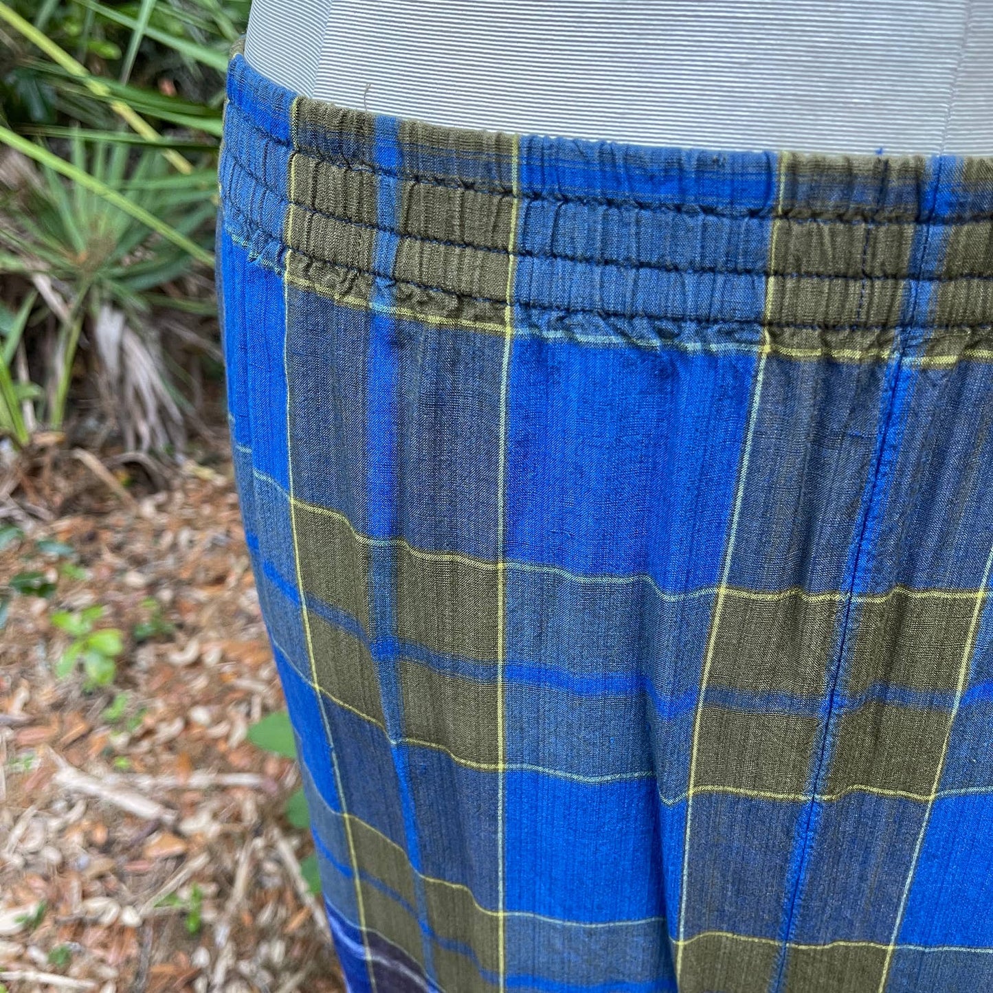 Vintage Blue Green Plaid Midi Skirt Ikat Geometric Cotton Slit Handmade Size M L