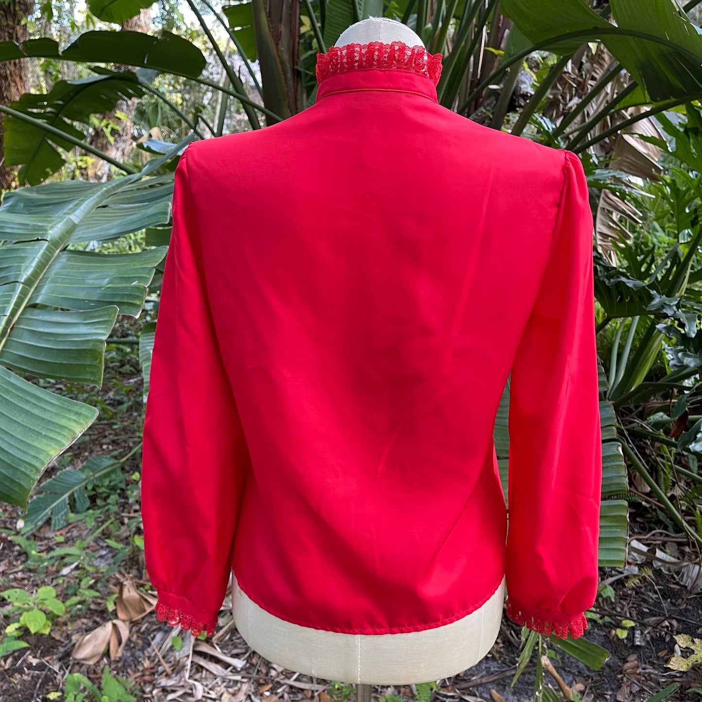 Vintage 80s Bright Red Tuxedo Ruffle Button Up Blouse Rhapsody Size M L