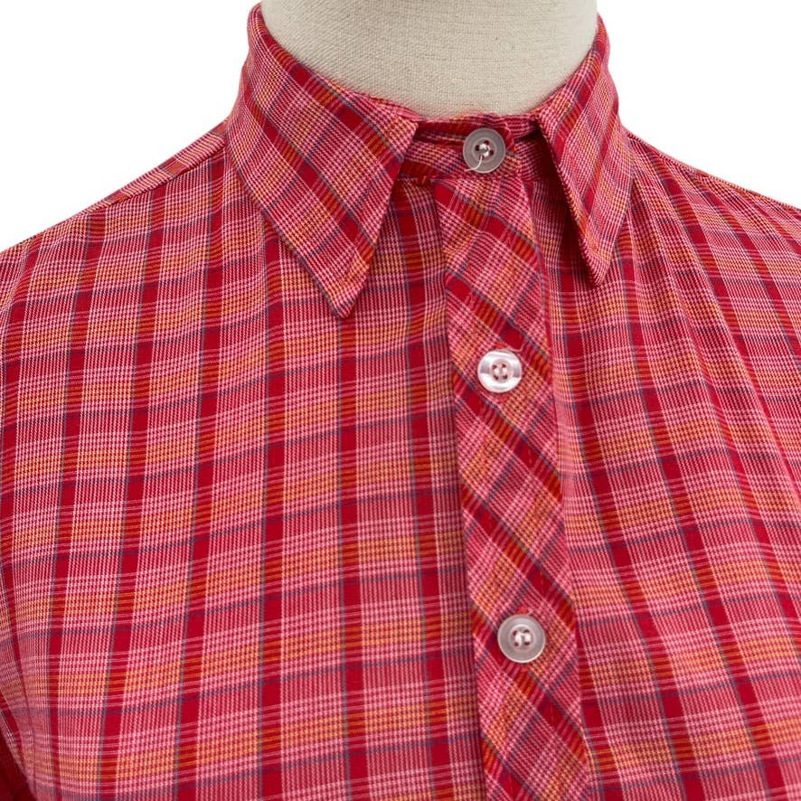 Vintage 70s Red Plaid Cotton Button Up Long Sleeve Collared Blouse Unisex Size S