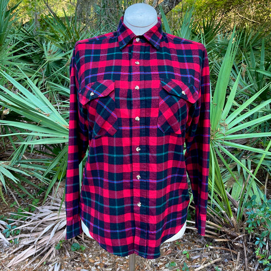 Vintage 90s Plaid Flannel Blue Red Gray Long Sleeves Northwest Territory Size M