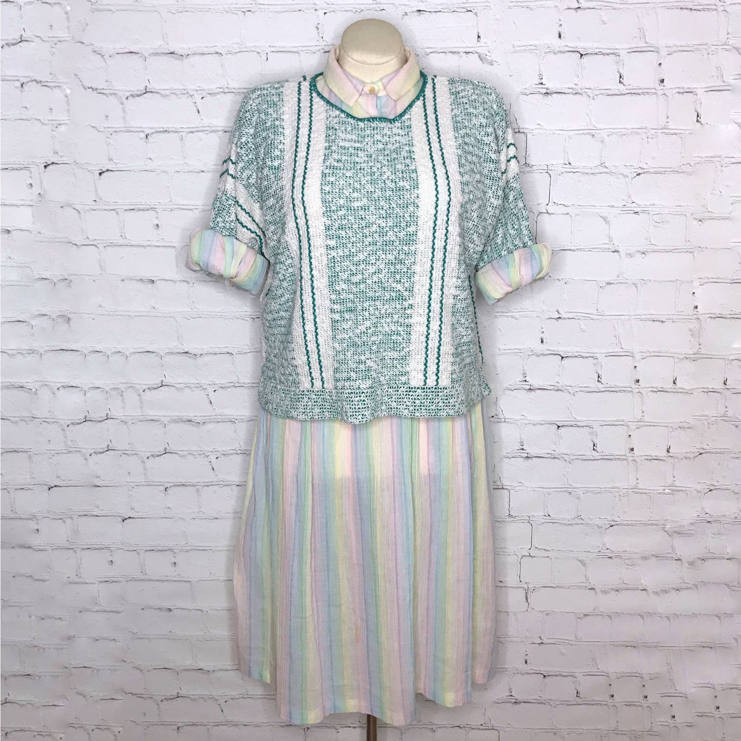 Vintage 80s Sweater Teal and White Boucle Pullover Striped Cricket Lane Size L