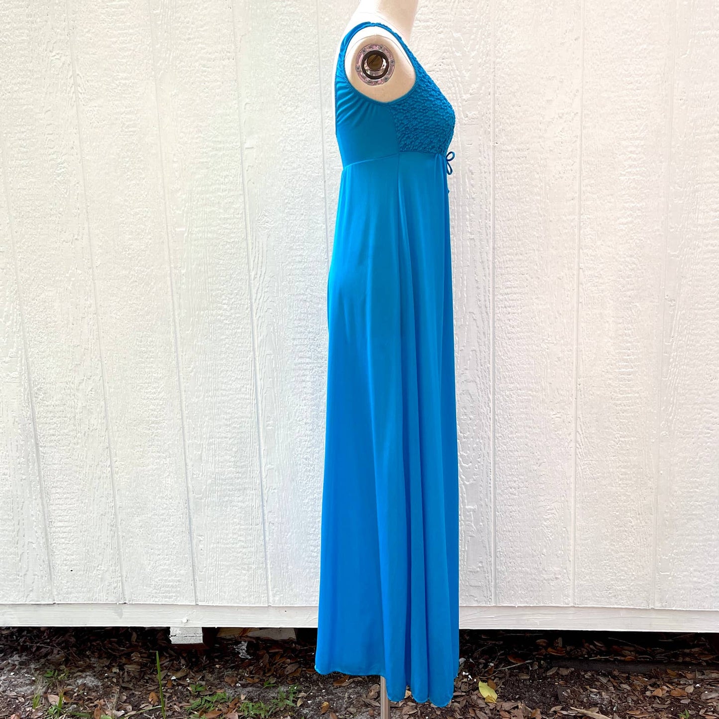 Vintage 70s Smocked Maxi Nightgown Blue Vneck Scoop Neck Kayser Size S