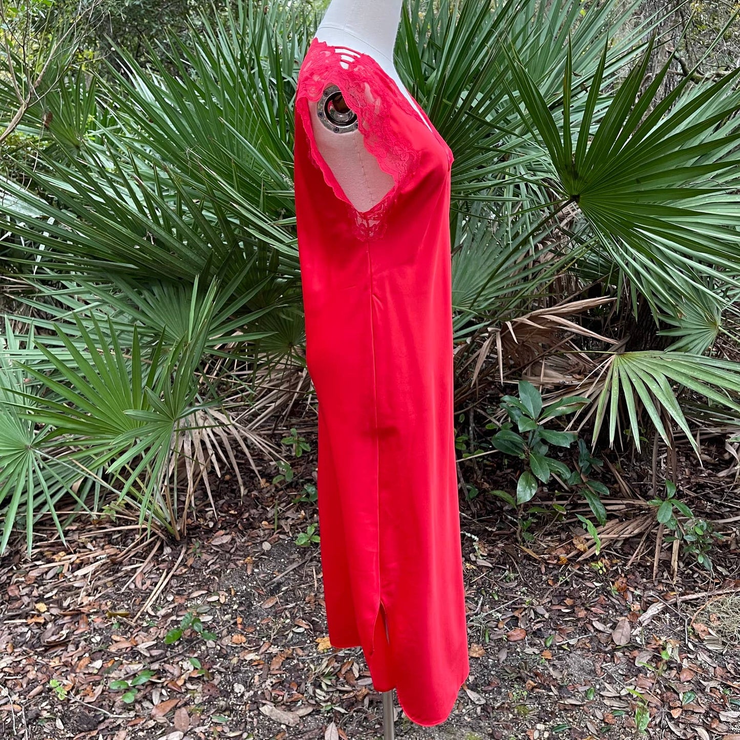 Vintage 80s Red Satin Maxi Nightgown Lingerie Sleeveless Barad and Co Size P