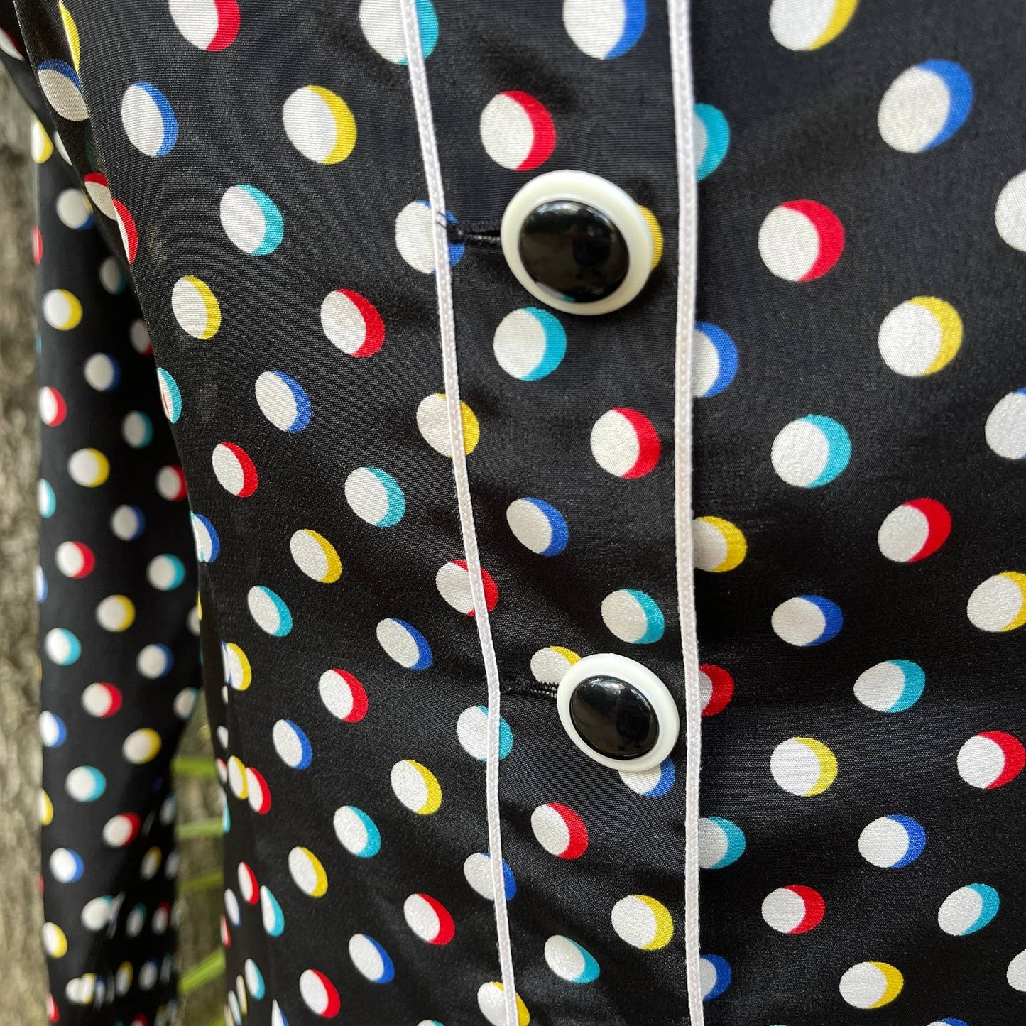 Vintage 80s Black Polka Dot Drop Waist Dress Multicolored Dots Leslie Fay Size 8