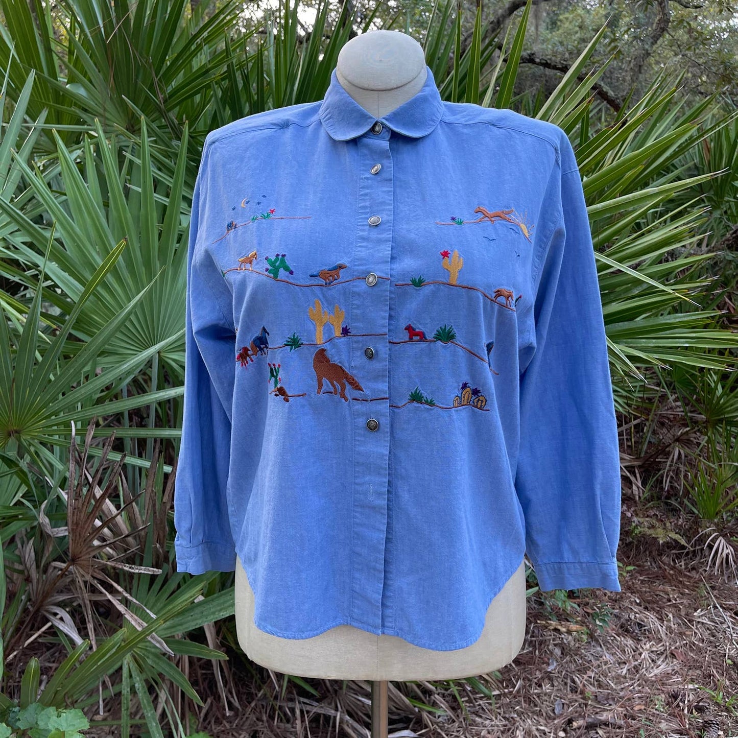 Vintage 90s South Western Chambray Button Up Horses Koret City Blues Size S