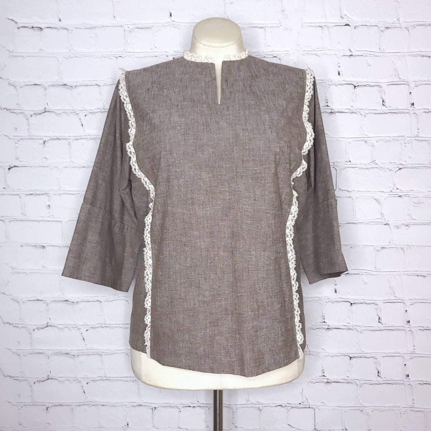 Vintage 70s Earthy Hippy Tunic Blouse Pockets Lace Trim Hand Made Size M-L