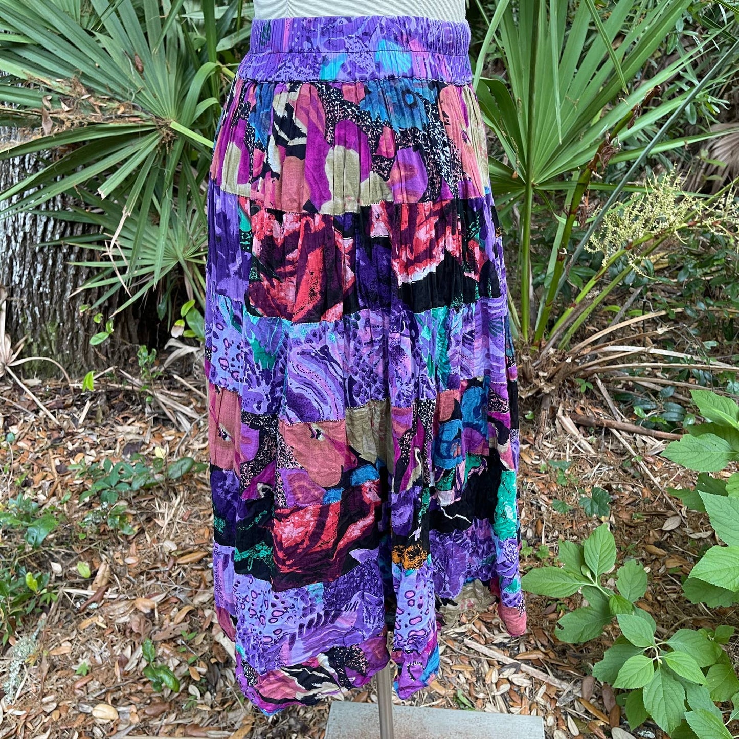 Vintage 90s Indian Cotton Skirt Lined Purple Floral Patchwork Baxter & Wells S