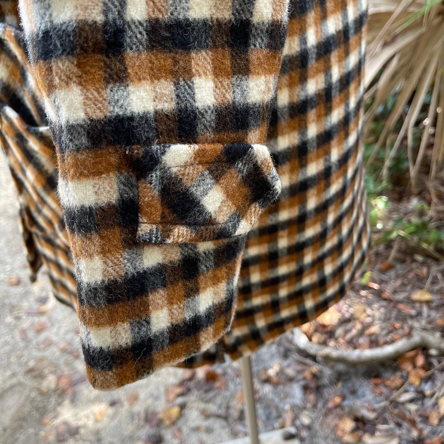 Commuter Burnt Orange Plaid Wool Coat Oversized Pockets 70s Vtg Size L XL