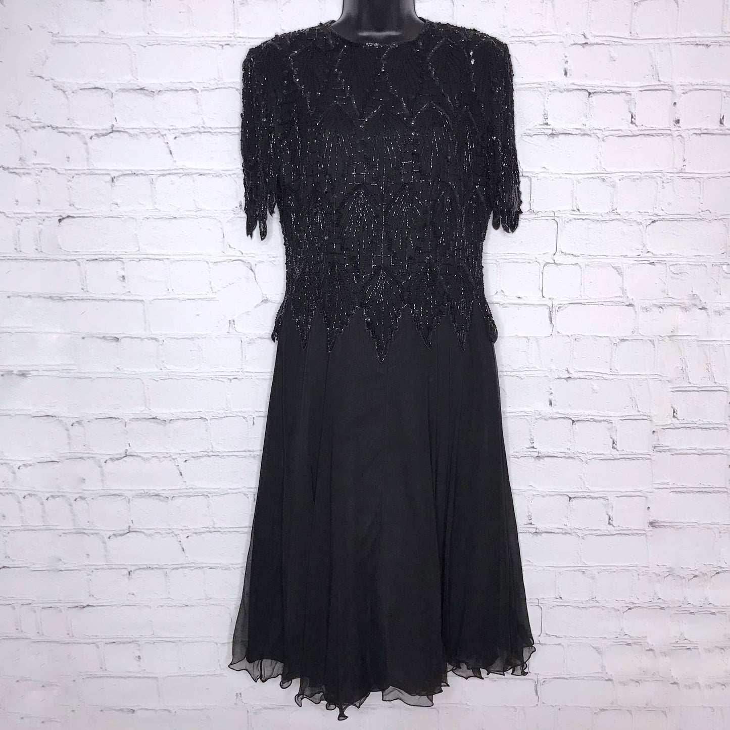 Vintage 80s Black Silk Beaded Dress Short Sleeves Classy Lawrence Kazar Size S