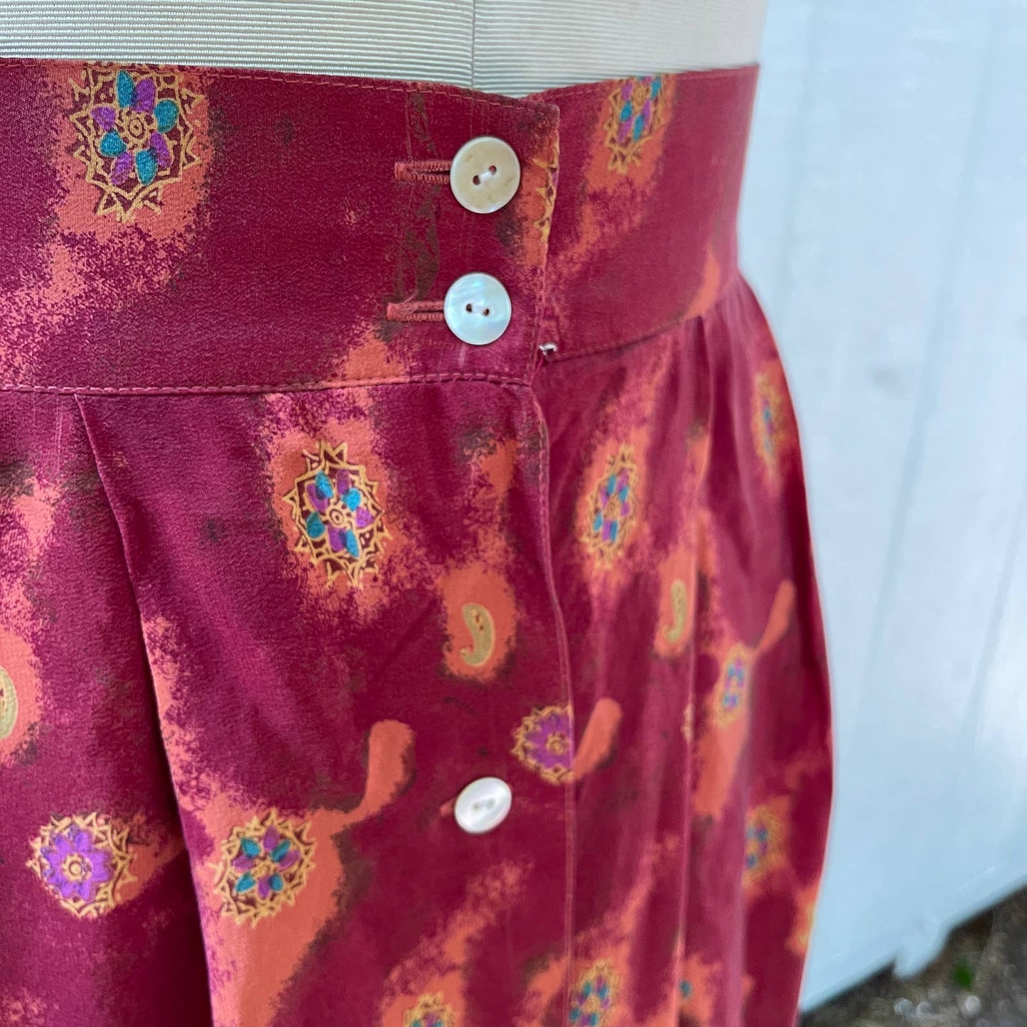 Vintage 90s Red Silk Paisley Skirt Set Button Up Short Sleeve Anna Gray Size M
