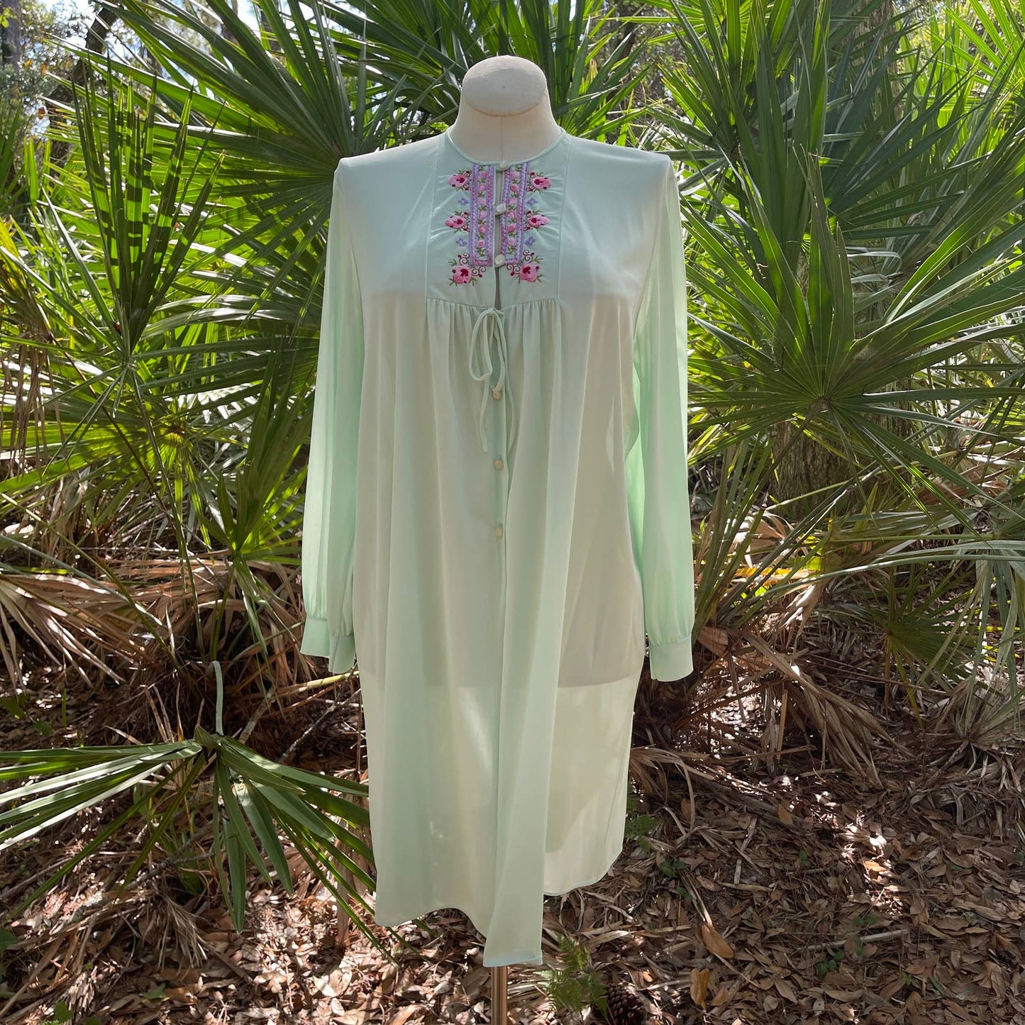 Vintage 70s Embroidered Nightgown Sea Foam Green Long Sleeves Sears Size L XL