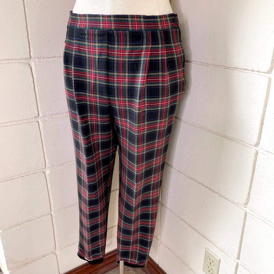 Vintage 80s Red Plaid Stirrup Pants Leggings Ponte Knit Casablanca Size 12