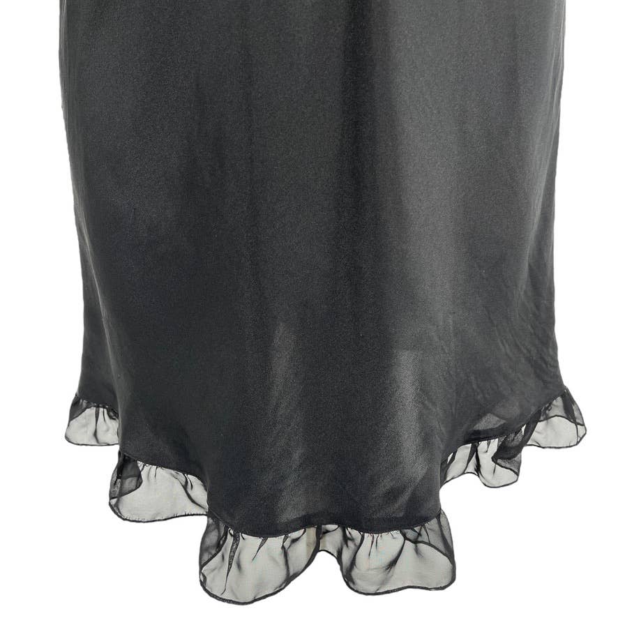 Vintage 90s Black Satin Nightgown Sheer Ruffle Embroidered Inner Most Size L