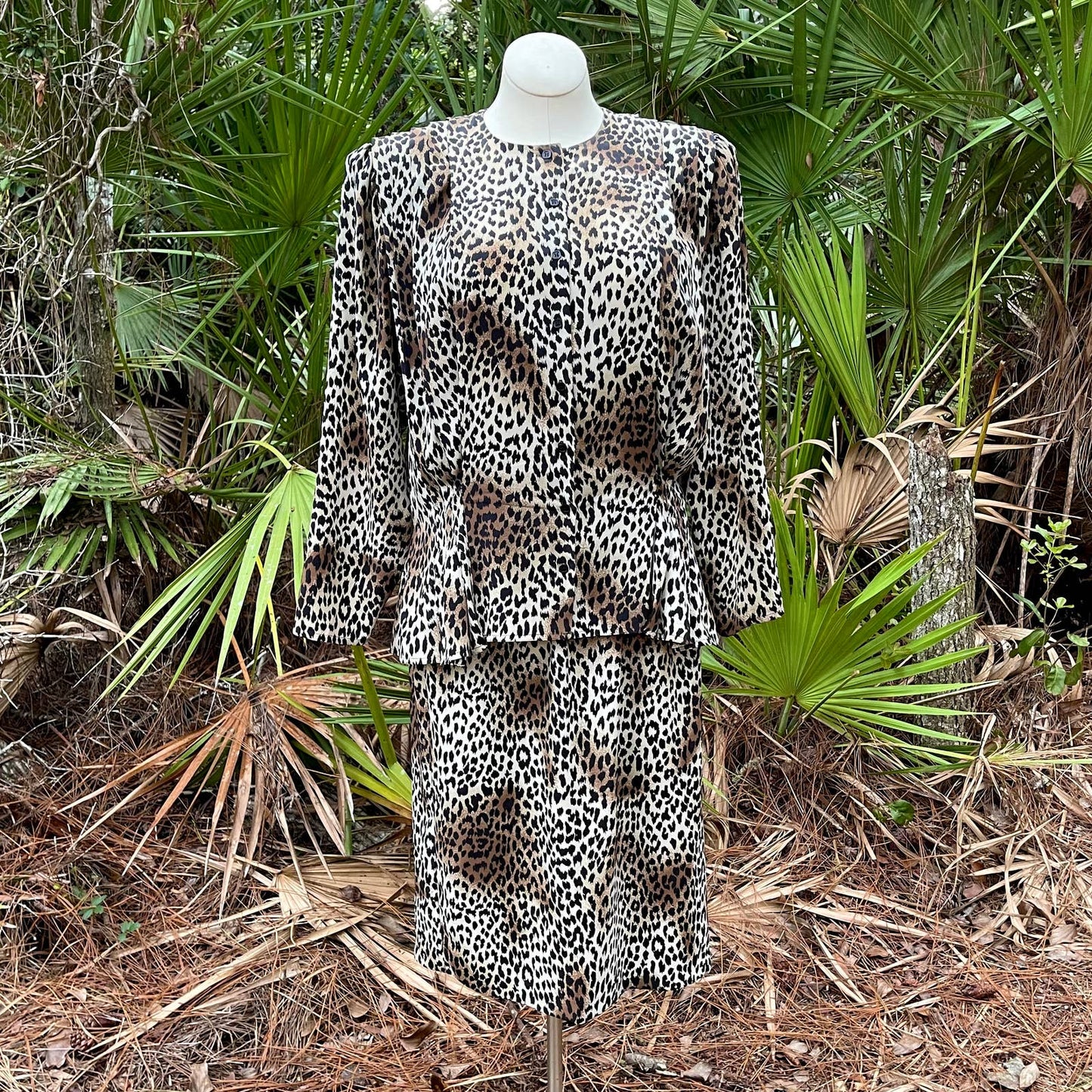 Vintage 80s Leopard Skirt Set Blouse Long Sleeves Volup Argenti Boutique Size 16