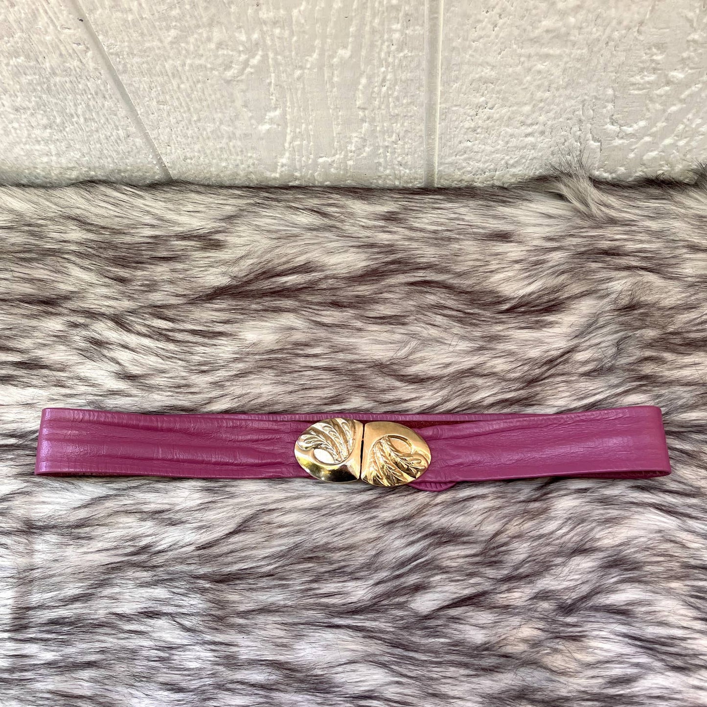 Vintage 80s Purple Leather Belt Gold Wheat Buckle Metal Hooked Size S M