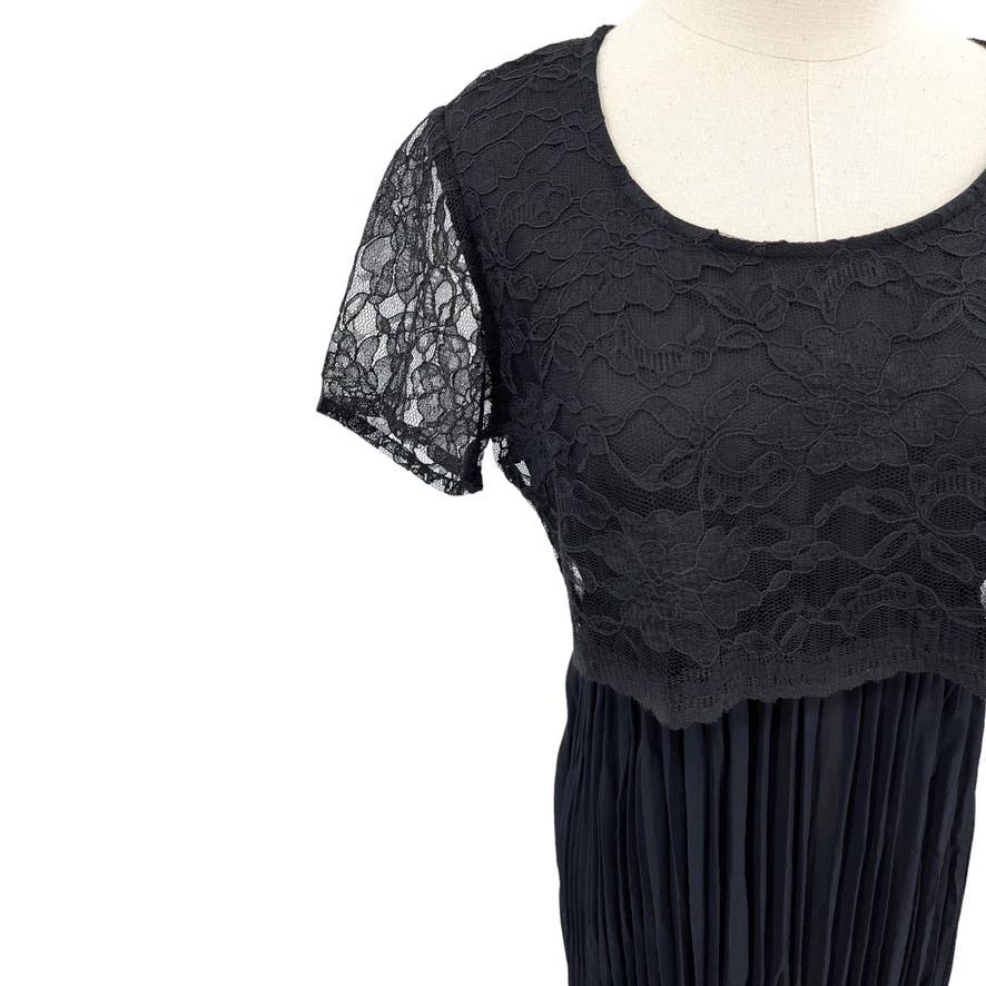 Vintage 90s Black Sheer Crinkle Maxi Dress Crop Lace Top Short Sleeve Size S M