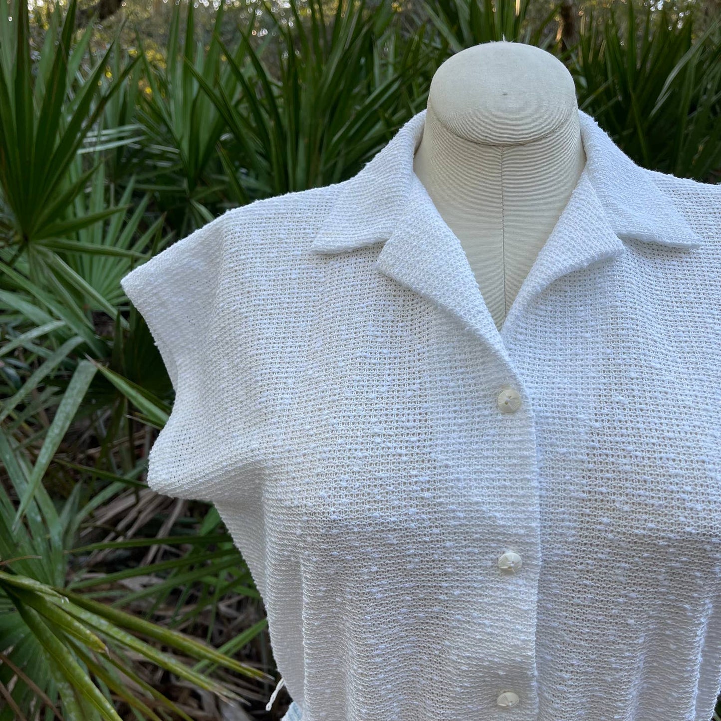 Vintage 80s White Knit Shirt Waist Dress Striped Skirt Cap Slv Lady Carol Size L