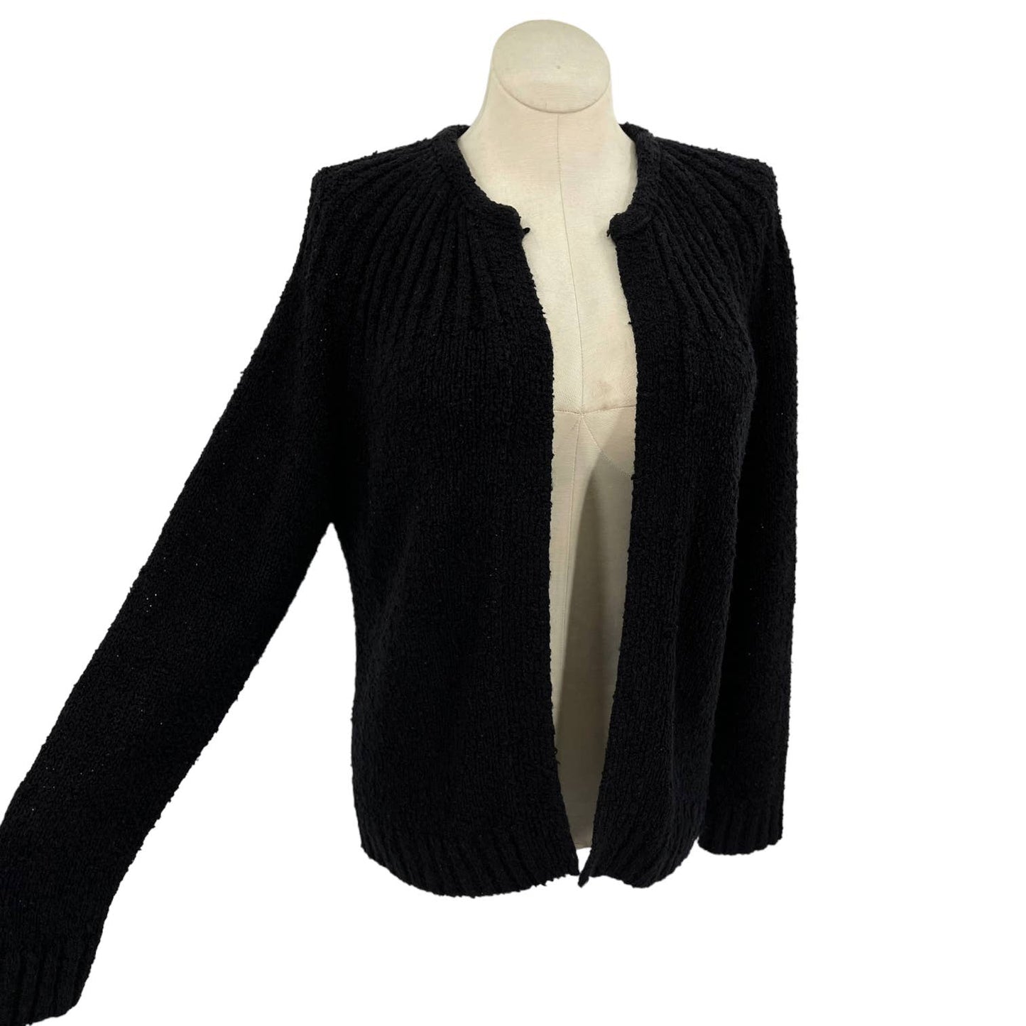 Vintage 80s Black Nubby Cardigan Sweater Open Front by Le Chois II Size 40