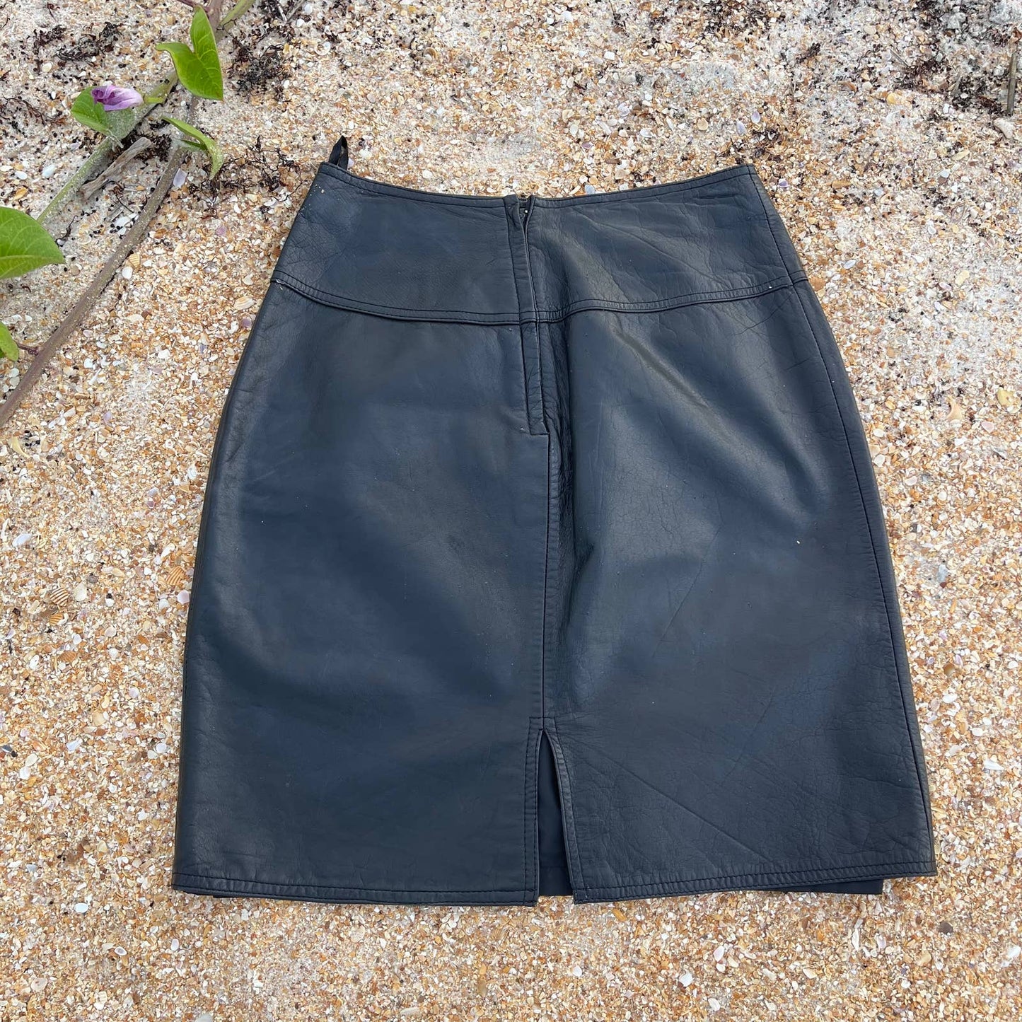 Vintage 80s Black Leather Mini Skirt with Slit Biker Babe Catrina Size 9