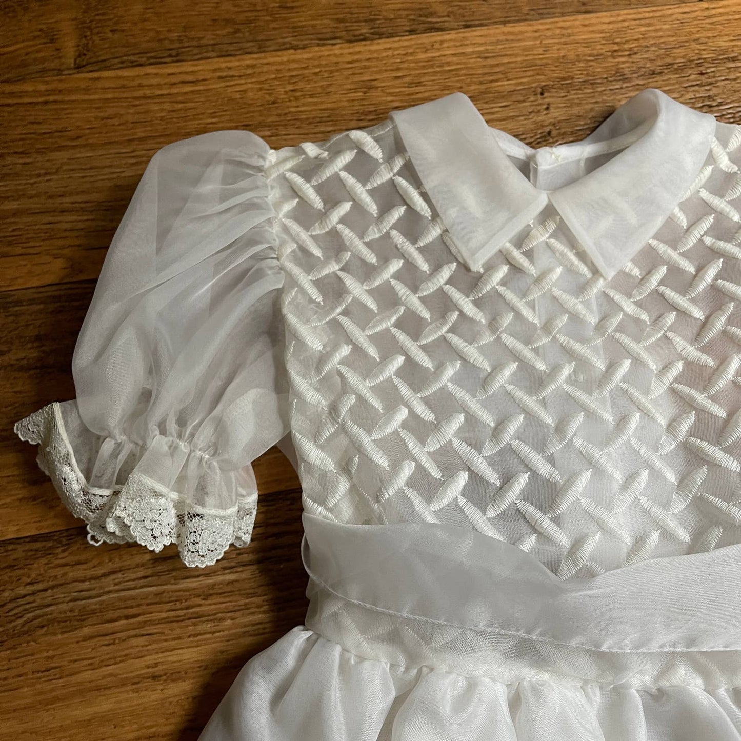 Vintage 50s Puff Sleeve Dress Kids White Sheer Embroidered Bodice Size 5 6