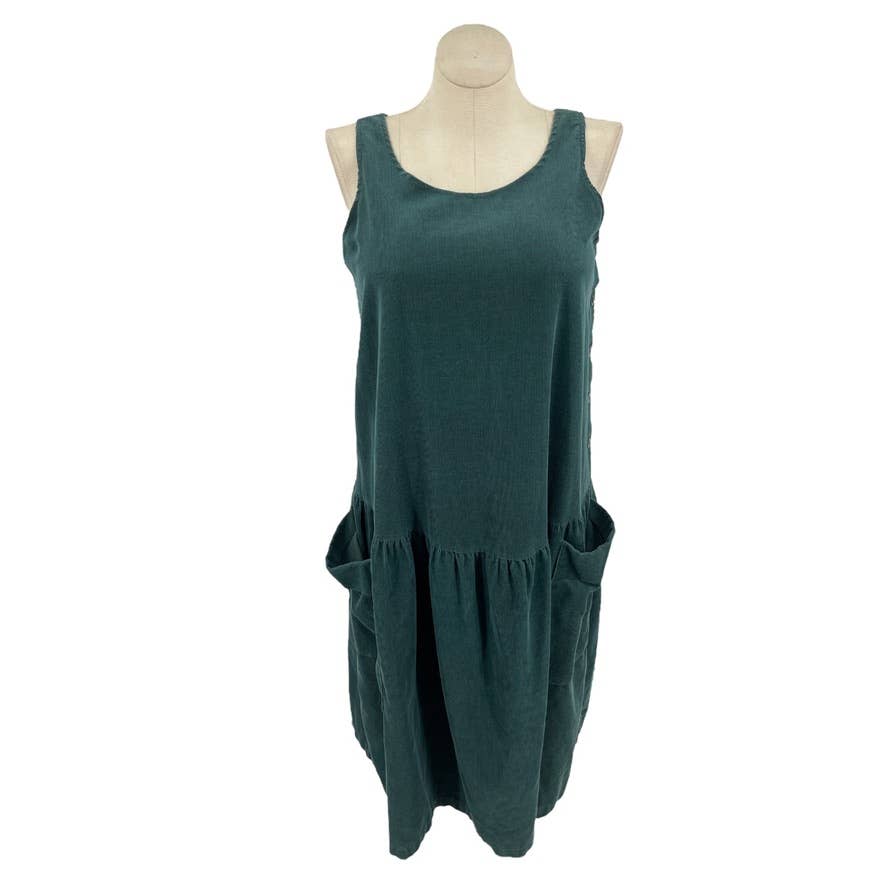 Vintage 80s Drop Waist Jumper Dress Green Corduroy Sleeveless Pockets Jeanette L