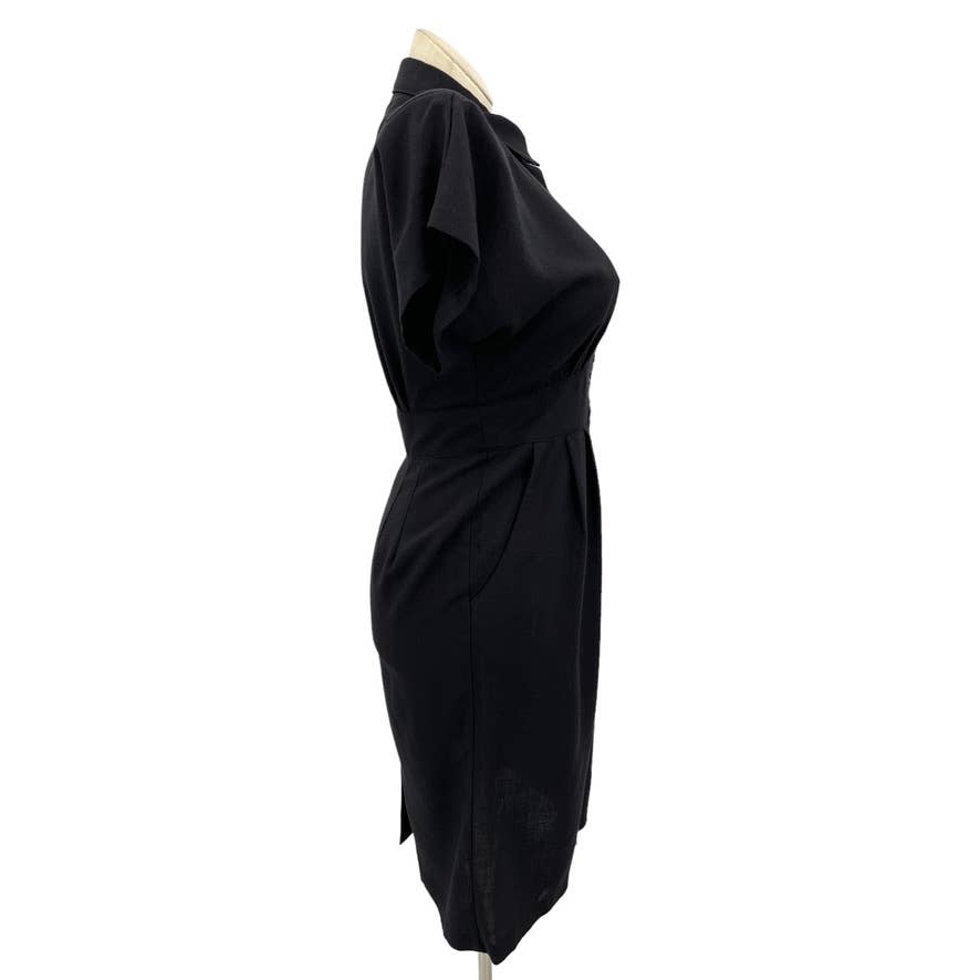 Vintage 80s Black Sheath Dress Linen Blend Pockets Short Sleeve Stuart Alan M L