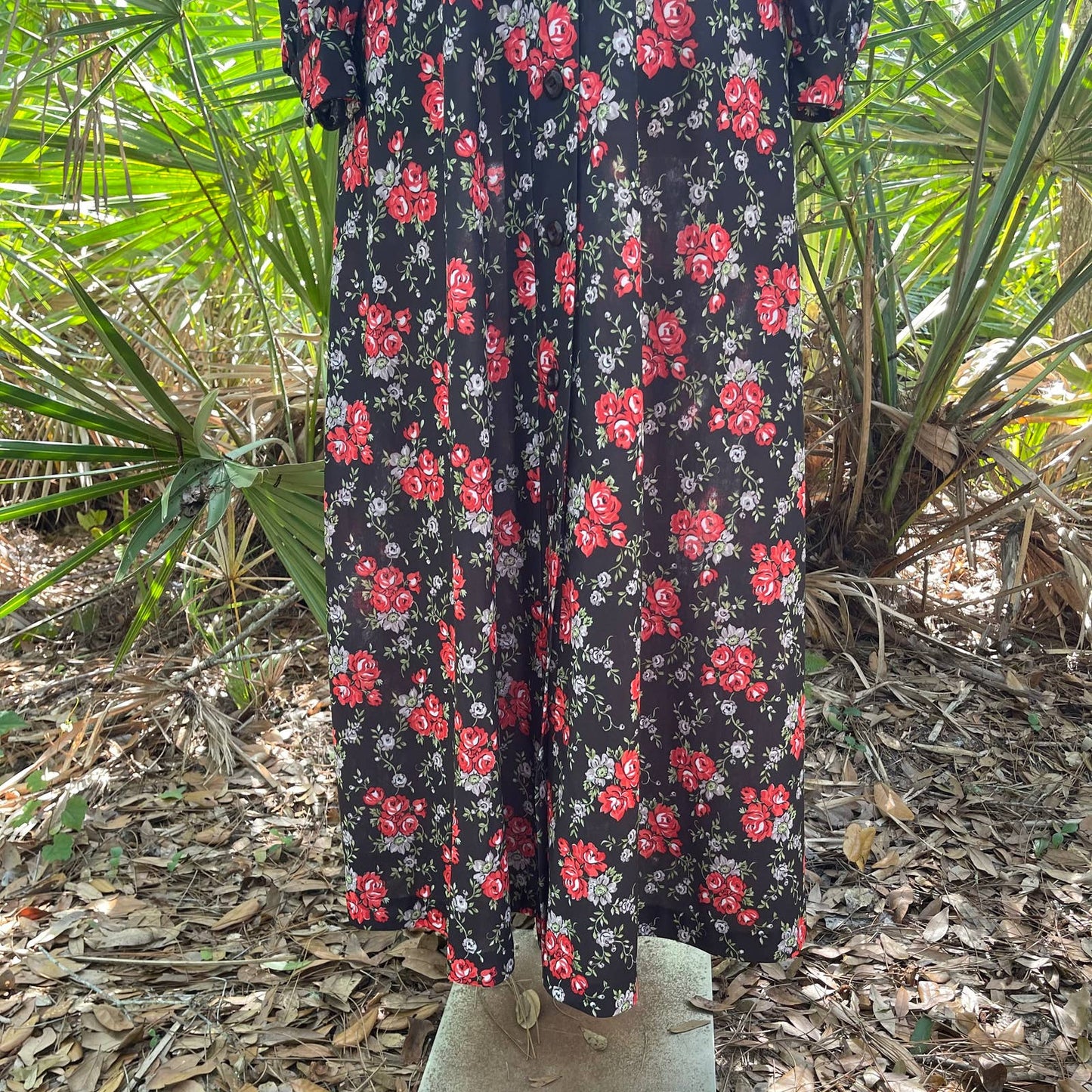 Vintage 70s Button Front Maxi Dress Black with Red Roses Tie Neck Size L XL