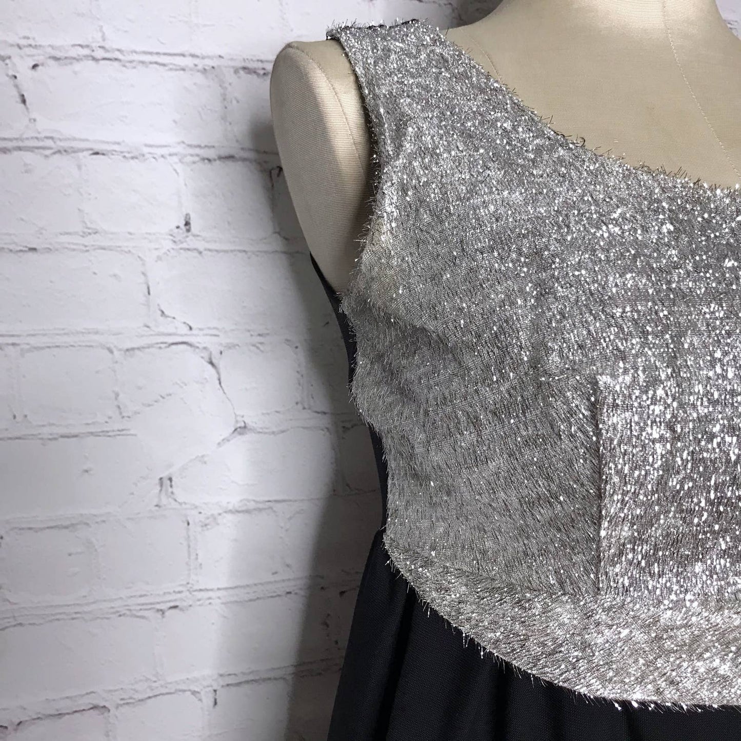 60s Vintage Eyelash Tinsel Party Dress Black and Silver Handmade Size S M