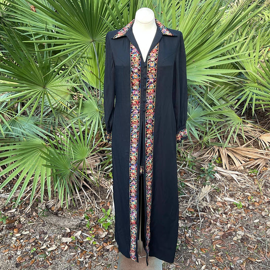 Vintage 70s Shorts Maxi Duster Set Black Embroidered Frederick's of Hollywood 14