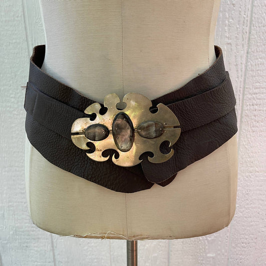 Vintage 80s Leather Belt Brown Metal Geometric Buckle Gray Plastic Stones Size L