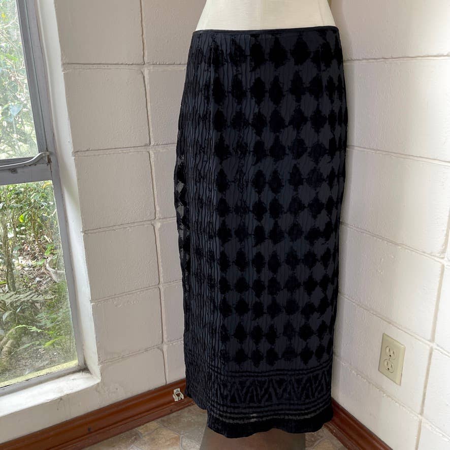 Vintage 90s Black Velvet Burnout Geometric Maxi Skirt Slit Sheer Another Thyme L