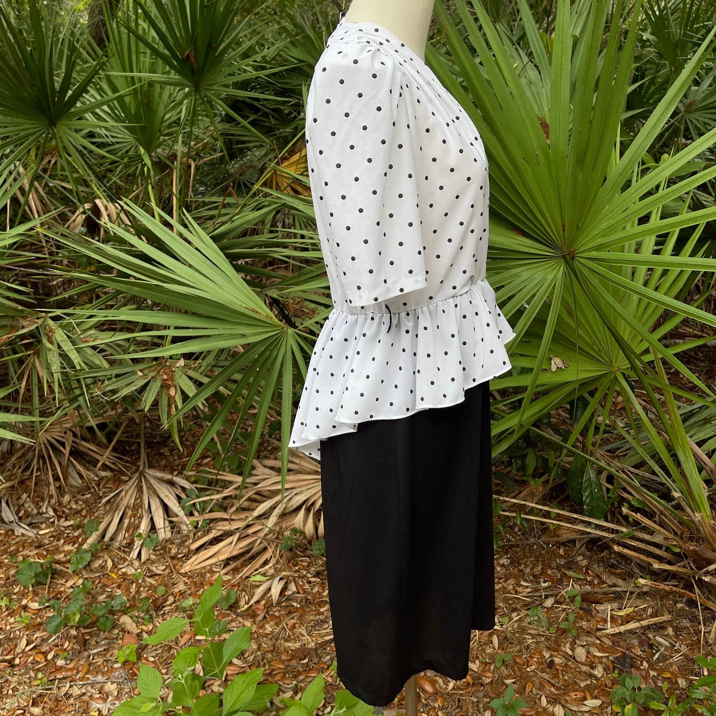 Vintage 80s Polka Dot Midi Peplum Dress Black White Puff Sleeve Sally Lou Size 8