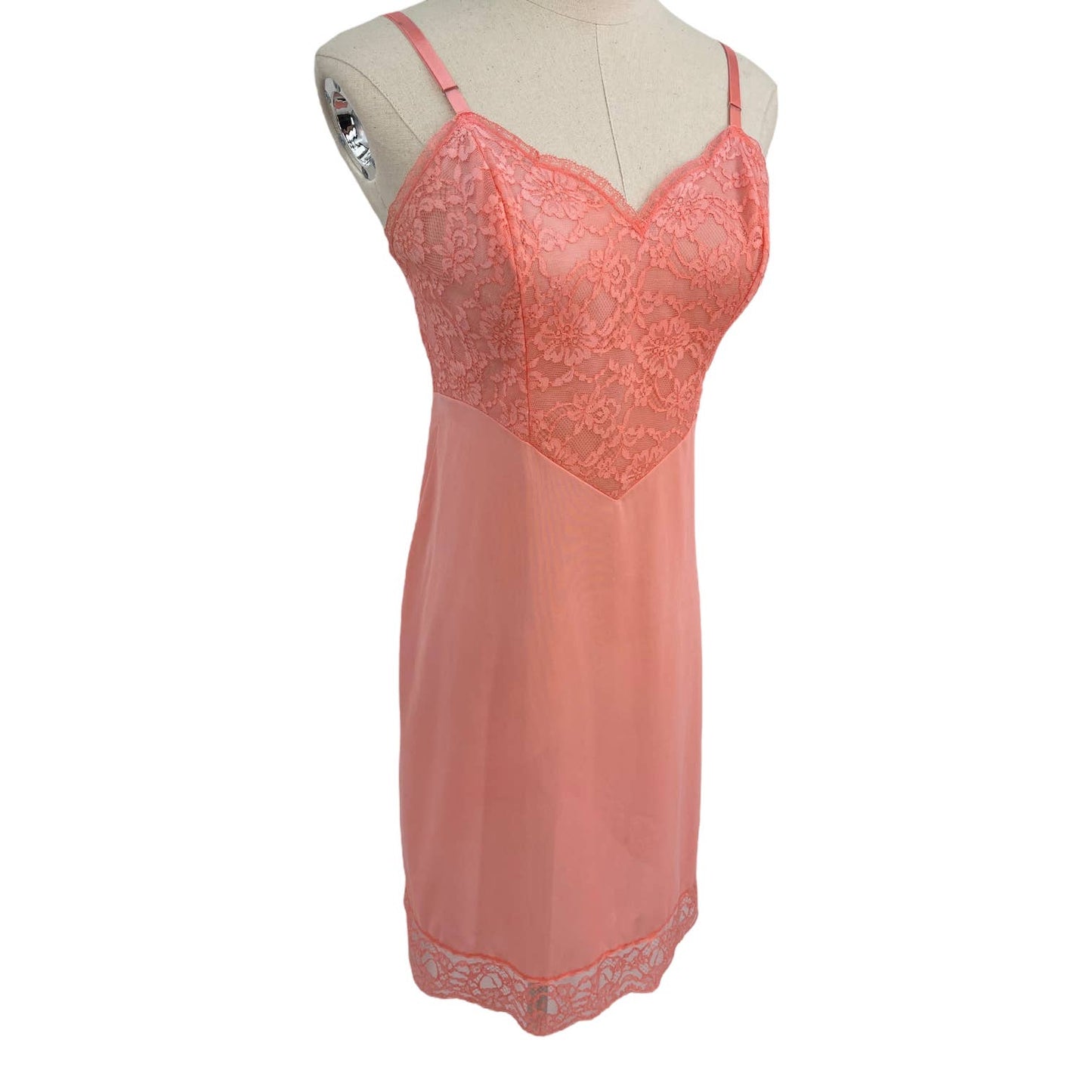 Vanity Fair Coral Lace Bust Slip Short Dress Style Lingerie 50s Vintage Size 32