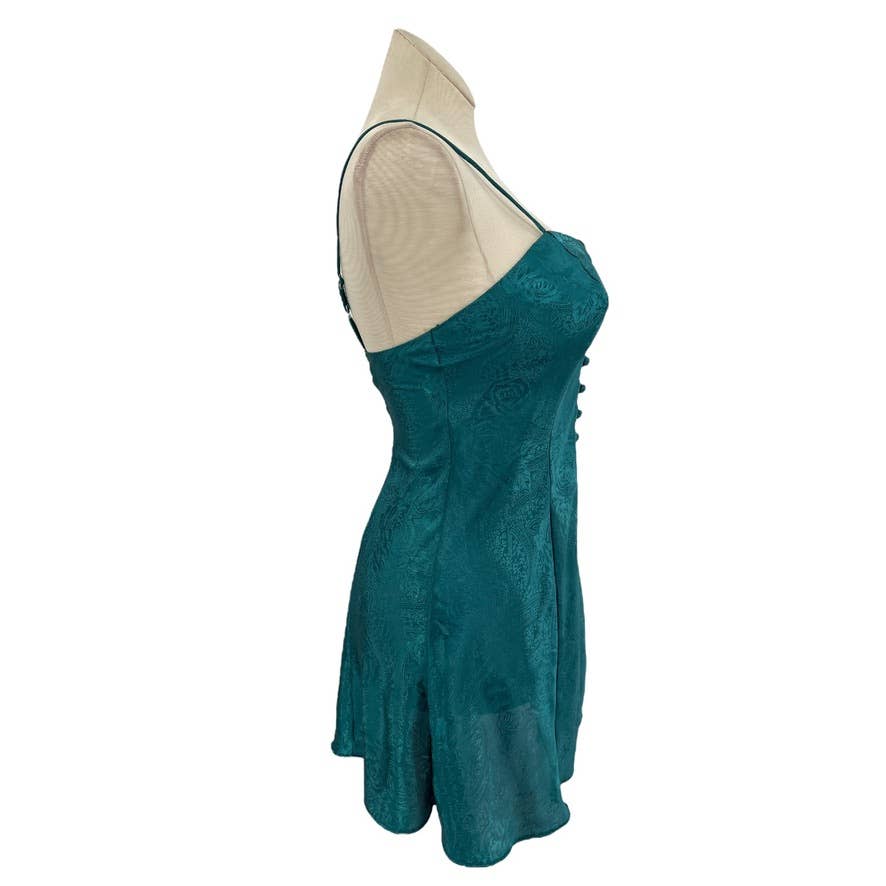 Vintage 90s Satin Green Paisley Babydoll Nightie Button Front Sleeveless Adonna