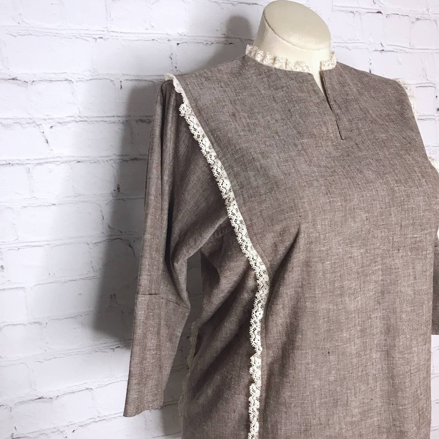 Vintage 70s Earthy Hippy Tunic Blouse Pockets Lace Trim Hand Made Size M-L