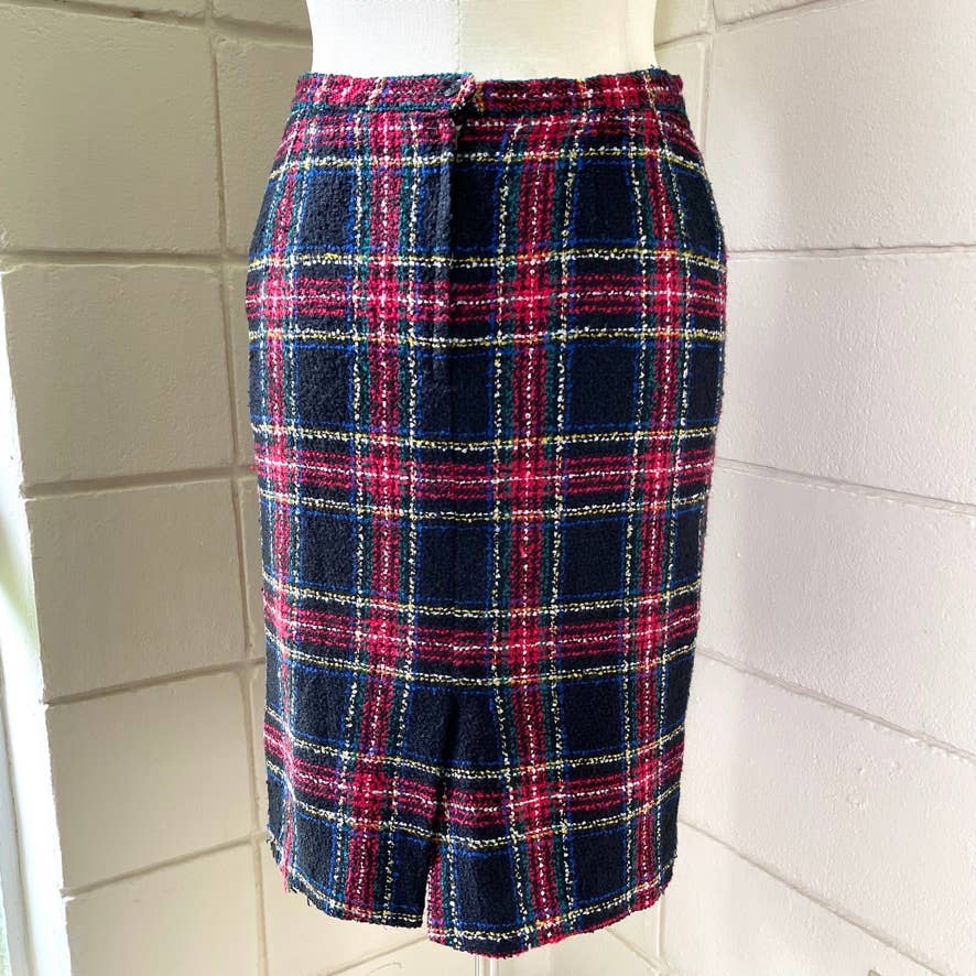Vintage 90s Red Plaid Pencil Skirt Boucle Wool Blend Jacqueline Ferrar Size 12
