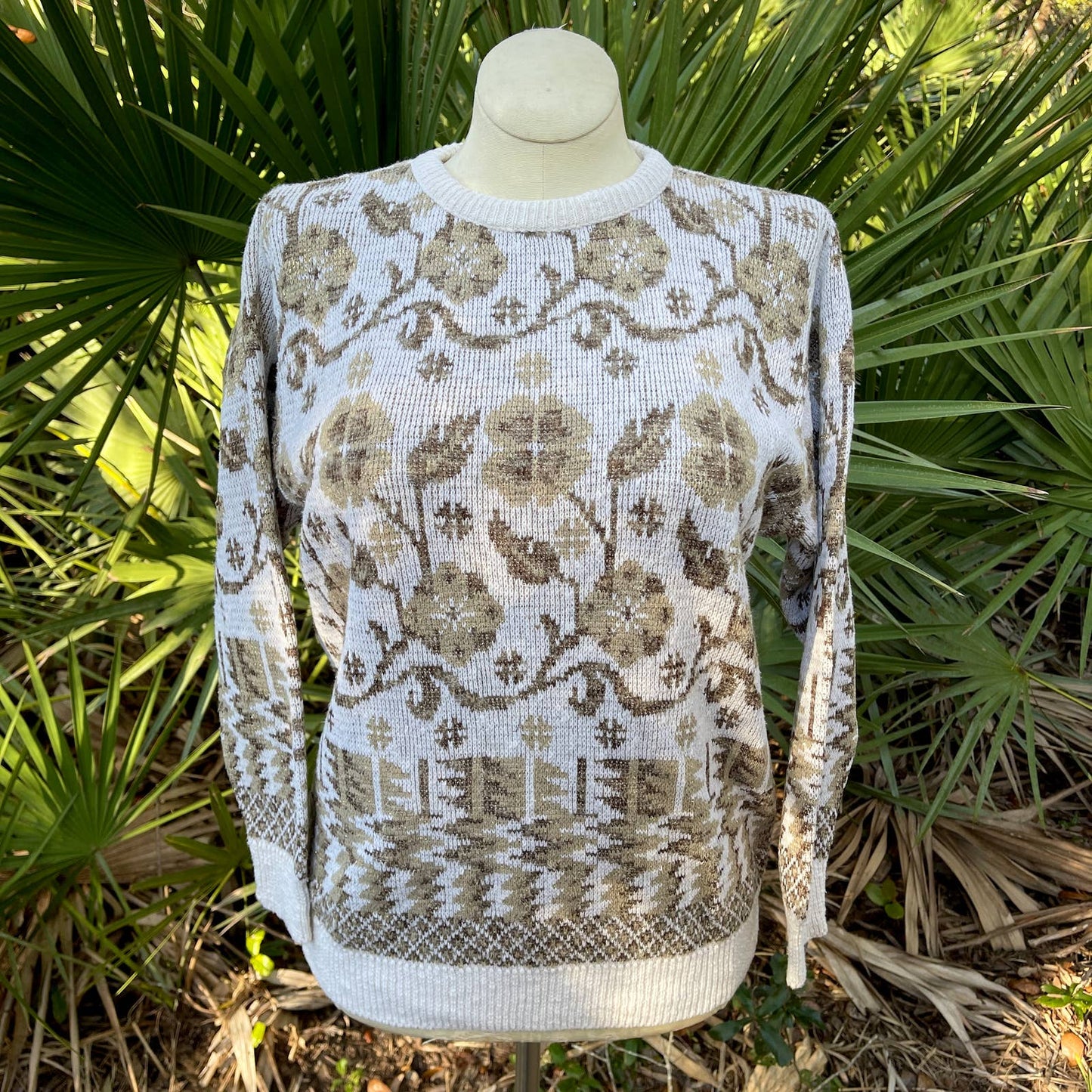Stefano Cream and Gold Floral Geometric Sweater 80s Vtg Size S