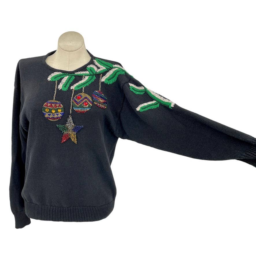 Vintage 90s Black Pine Swag Sweater with Beaded Ornaments Volup IB Diffusions M