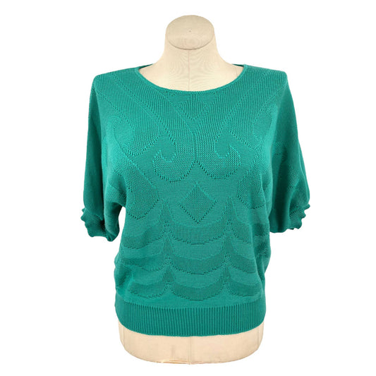 Vintage 80s Green Sweater Short Puff Sleeve Tonal Geometric Pattern Size M L