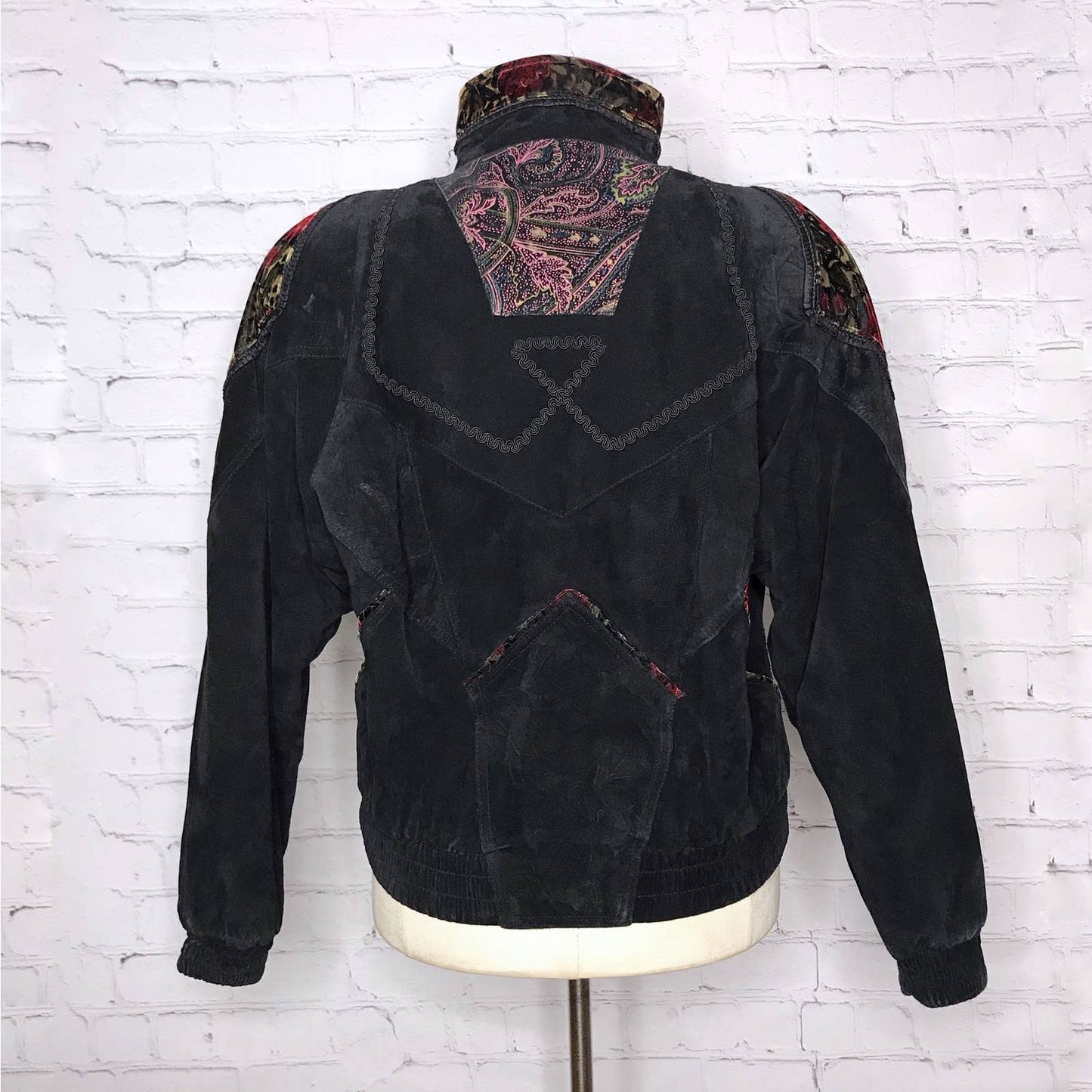 Vintage 90s Black Suede Leather and Velvet Jacket Grunge Patchwork GIII Size M